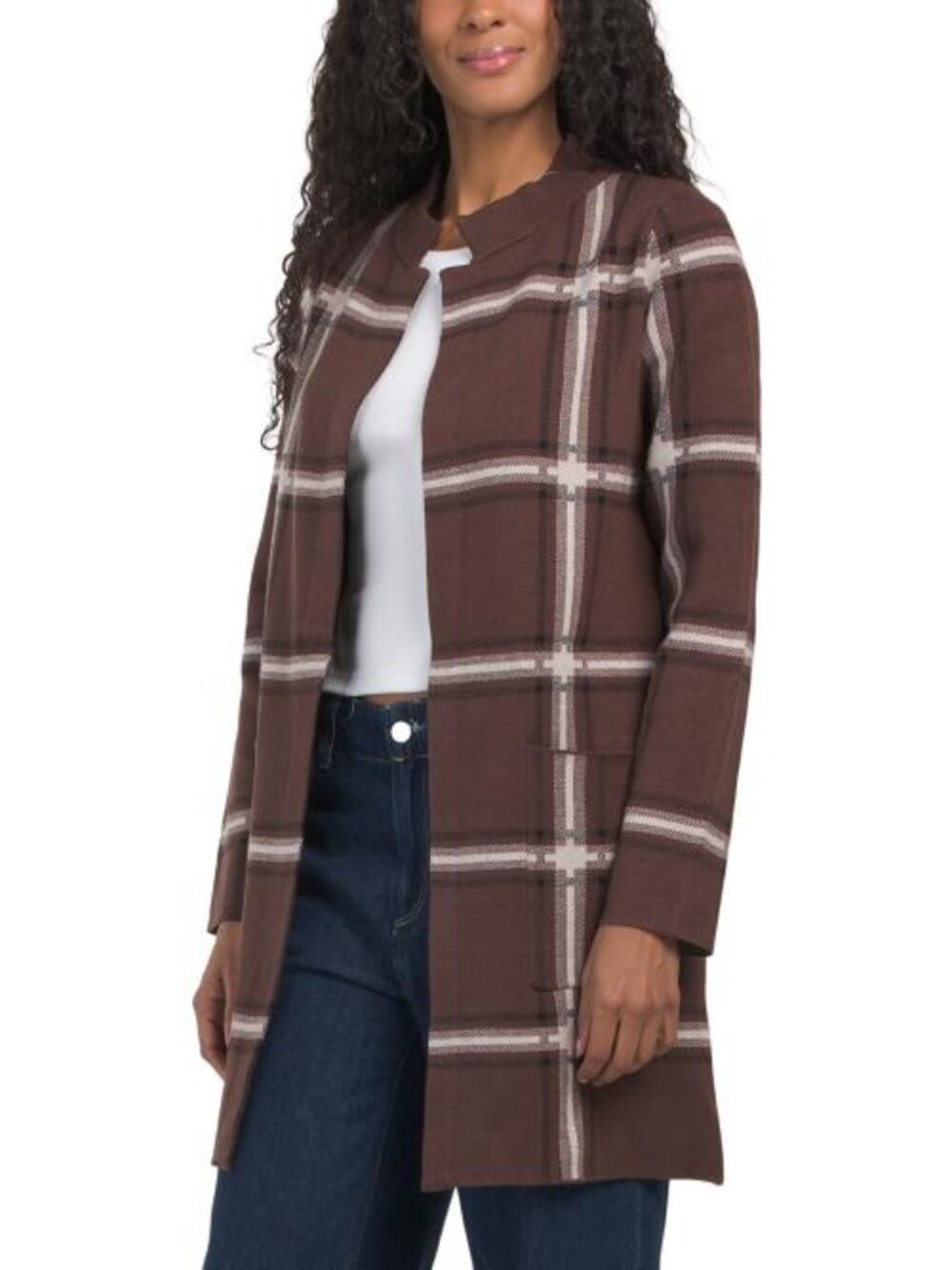 TAHARI Long Sleeve Stand Collar Open Cardigan With Windowpane Pattern